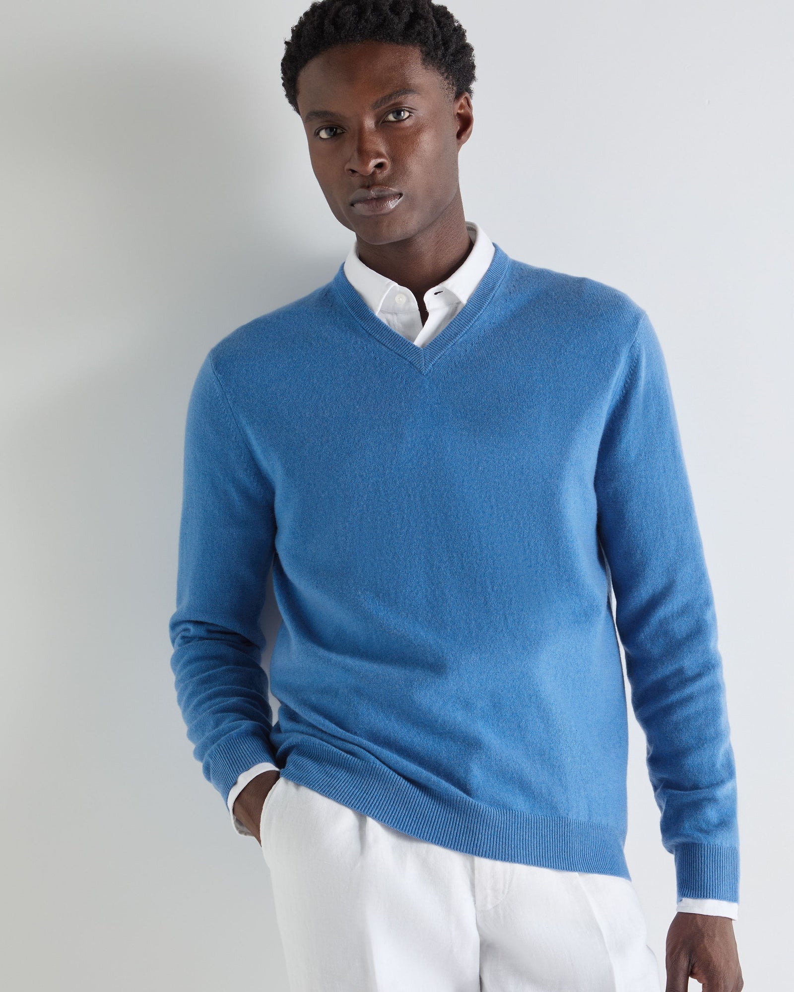 Men's Burlington V Neck Cashmere Jumper Sunshine Blue