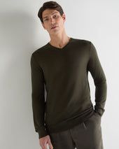 Men's Conduit Fine Gauge Cashmere V Neck Jumper Arabica Khaki Green