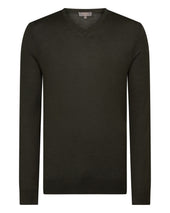 Men's Conduit Fine Gauge Cashmere V Neck Jumper Arabica Khaki Green