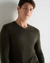Men's Conduit Fine Gauge Cashmere V Neck Jumper Arabica Khaki Green