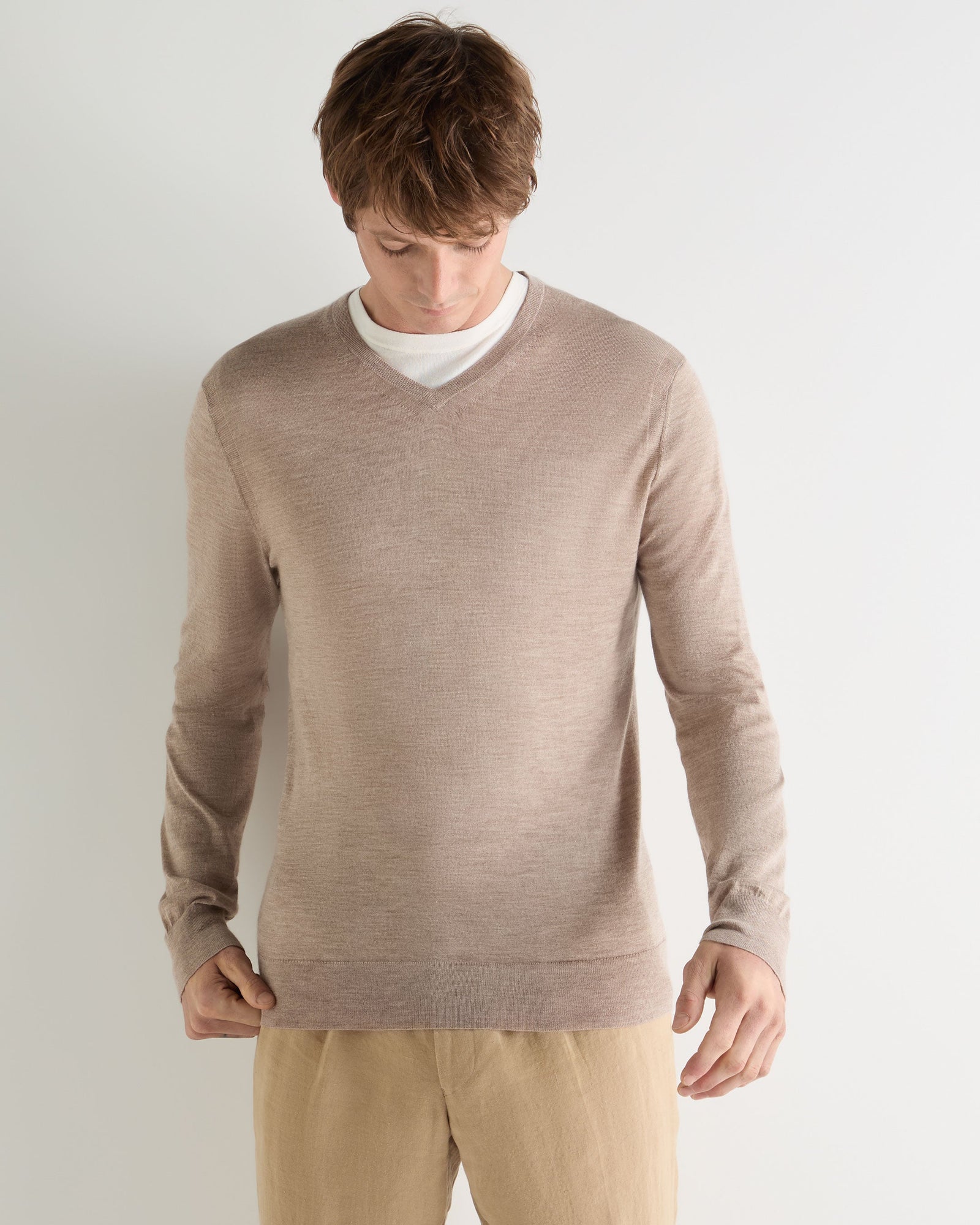 Men's Conduit Fine Gauge Cashmere V Neck Jumper Soft Taupe Brown