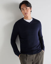 Men's Conduit Fine Gauge Cashmere V Neck Jumper Summer Navy Blue