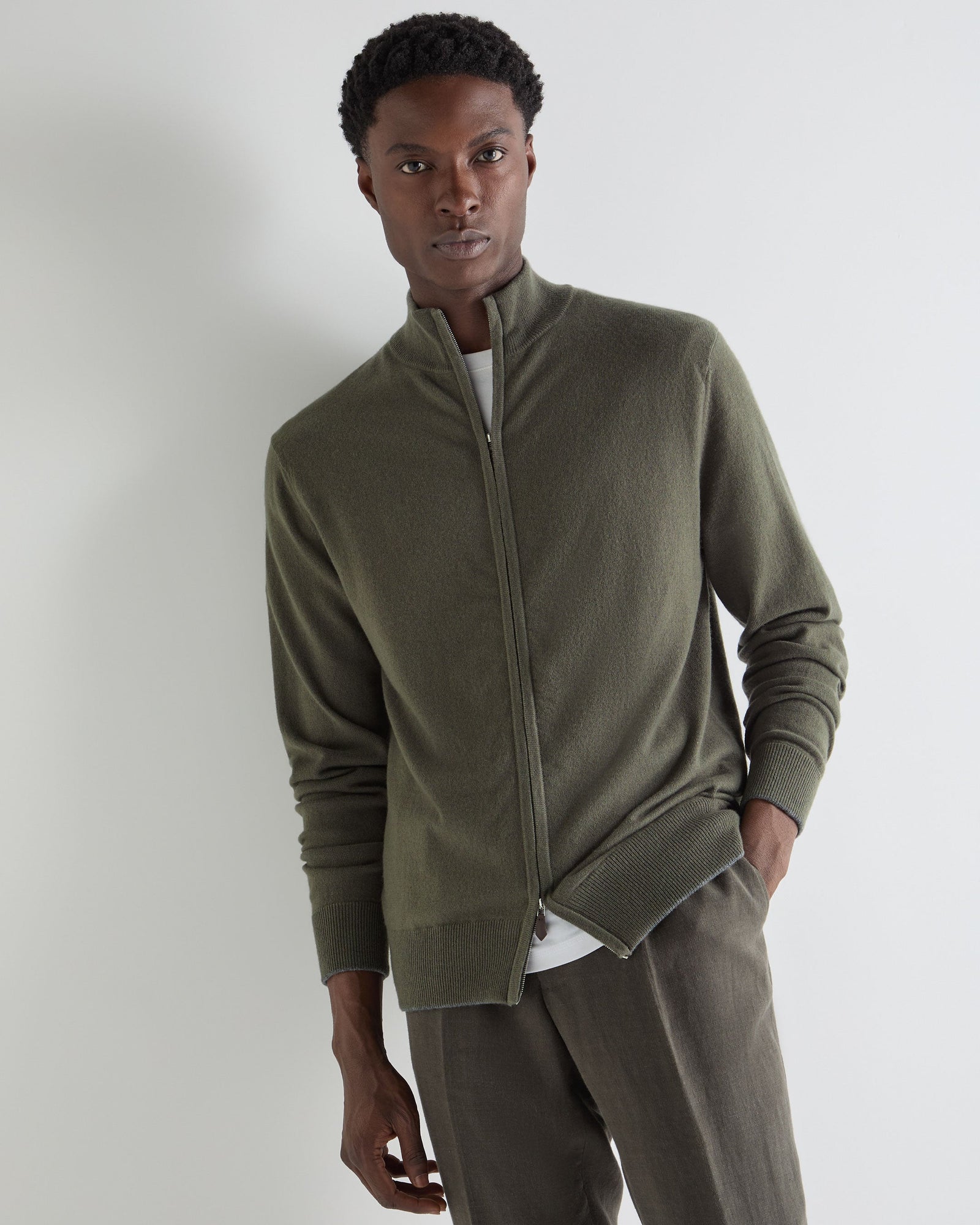 Men's Knightsbridge Full Zip Cashmere Jumper Olive Green