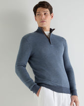 Men's Regent Birdseye Fine Gauge Cashmere Half Zip Jumper Denim Blue Birdseye