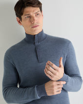 Men's Regent Birdseye Fine Gauge Cashmere Half Zip Jumper Denim Blue Birdseye