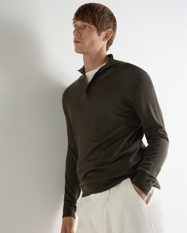 Men's Regent Fine Gauge Cashmere Half Zip Jumper Arabica Khaki Green
