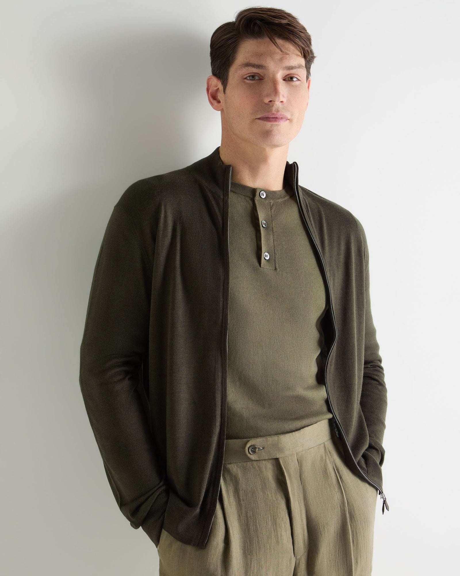 Men's Hyde Fine Gauge Cashmere Full Zip Jumper Arabica Khaki Green