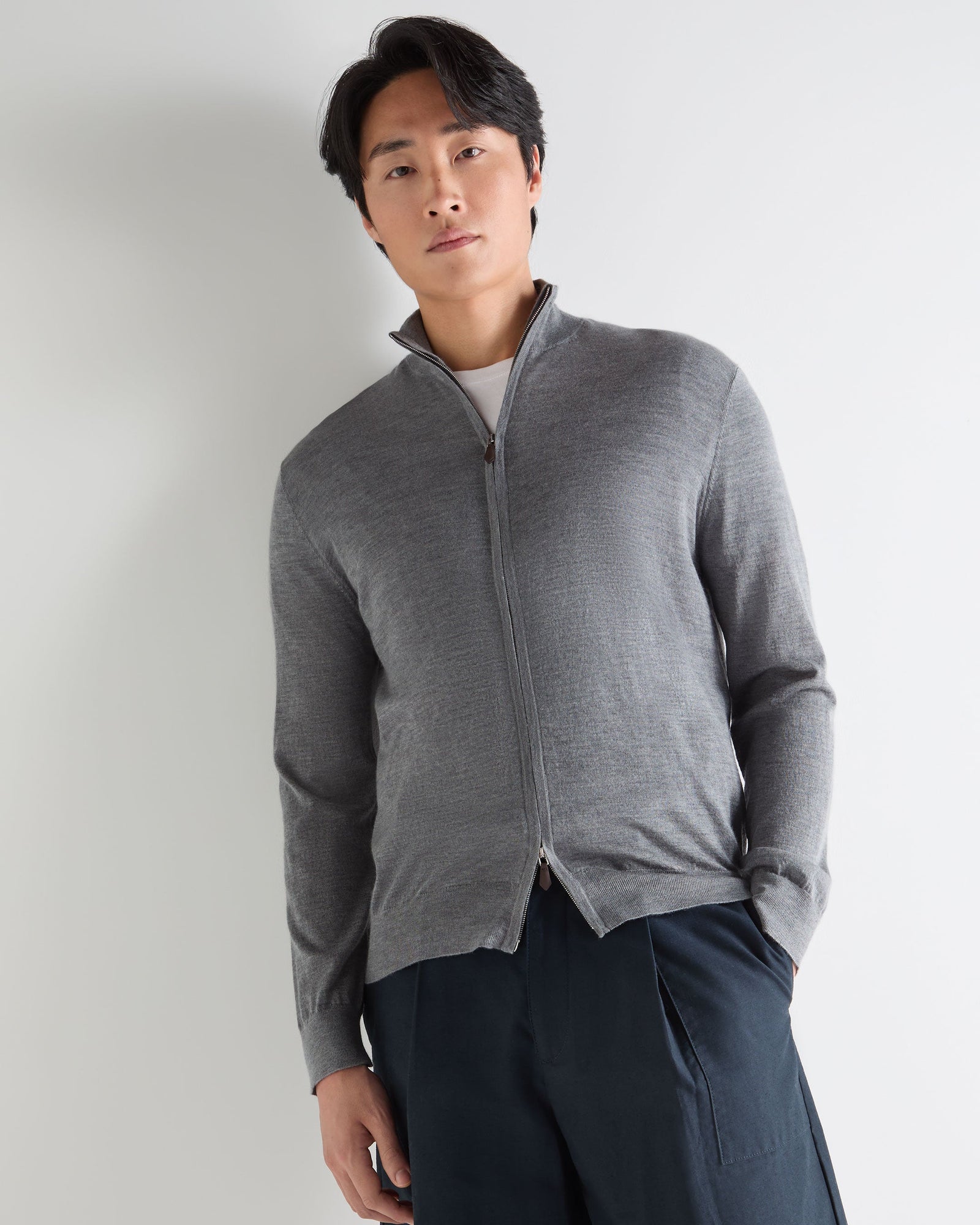 Men's Hyde Fine Gauge Cashmere Full Zip Jumper Graphite Grey