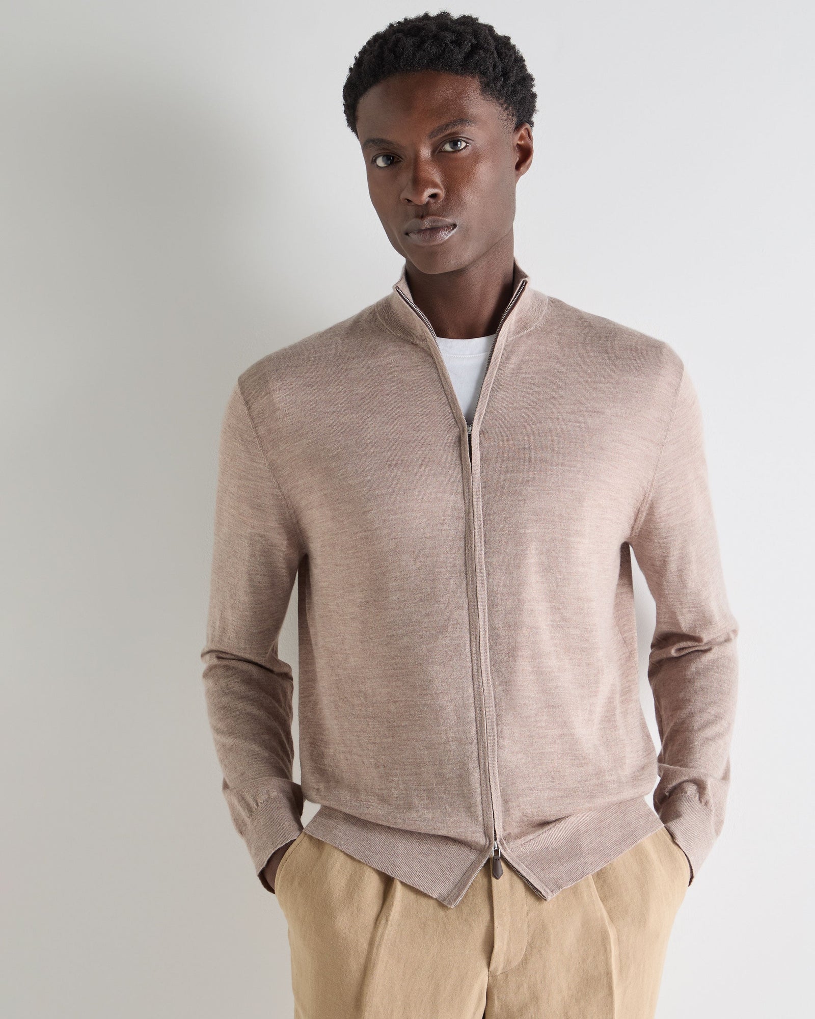 Men's Hyde Fine Gauge Cashmere Full Zip Jumper Soft Taupe Brown