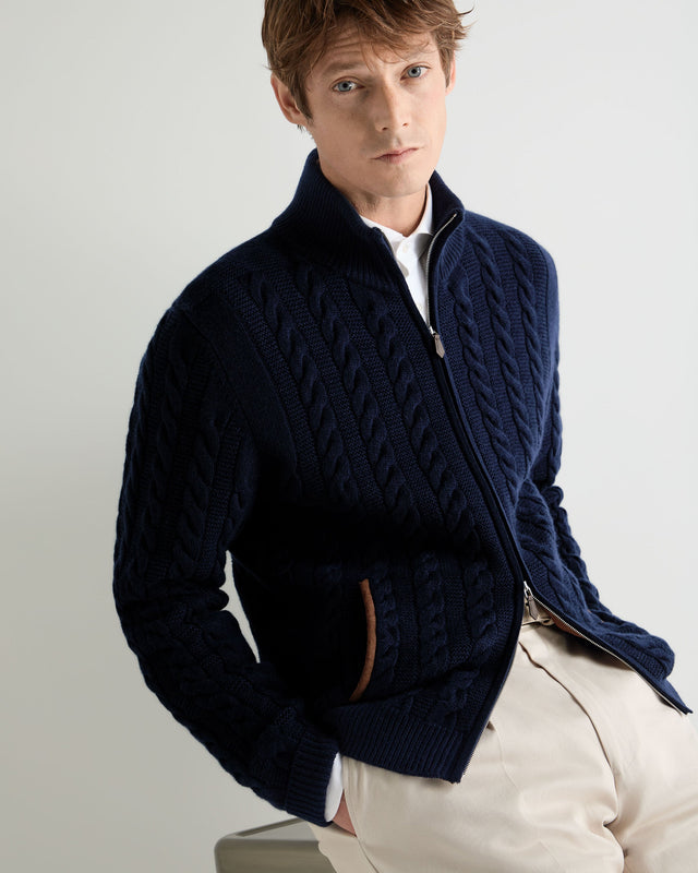 Men's Richmond Cable Cashmere Cardigan Deep French Blue