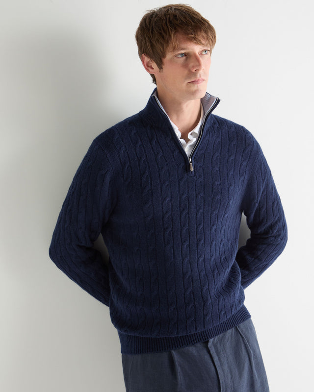 Men's Albemarle Cable Half Zip Cashmere Jumper Deep French Blue