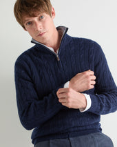 Men's Albemarle Cable Half Zip Cashmere Jumper Deep French Blue