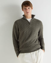 Men's Albemarle Cable Half Zip Cashmere Jumper Olive Green