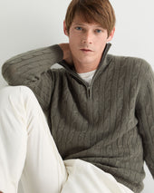 Men's Albemarle Cable Half Zip Cashmere Jumper Olive Green