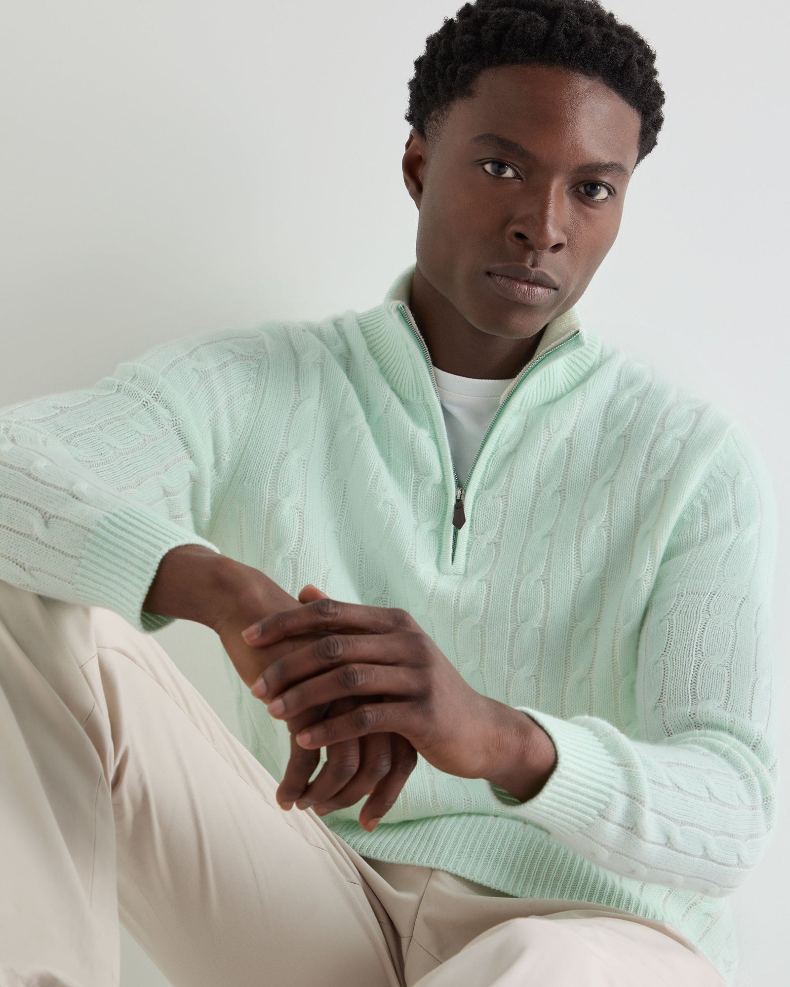 Men's Albemarle Cable Half Zip Cashmere Jumper Mint Green
