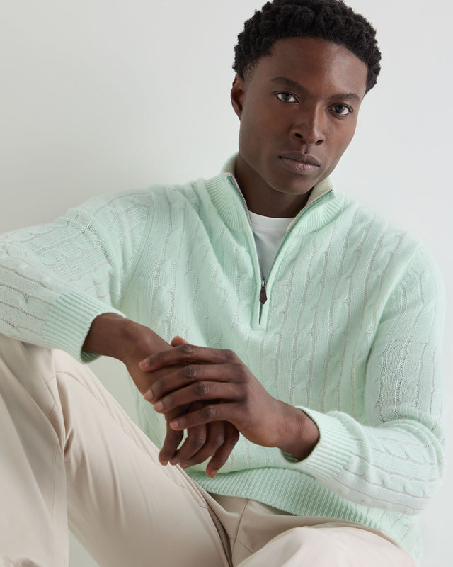 Men's Albemarle Cable Half Zip Cashmere Jumper Mint Green