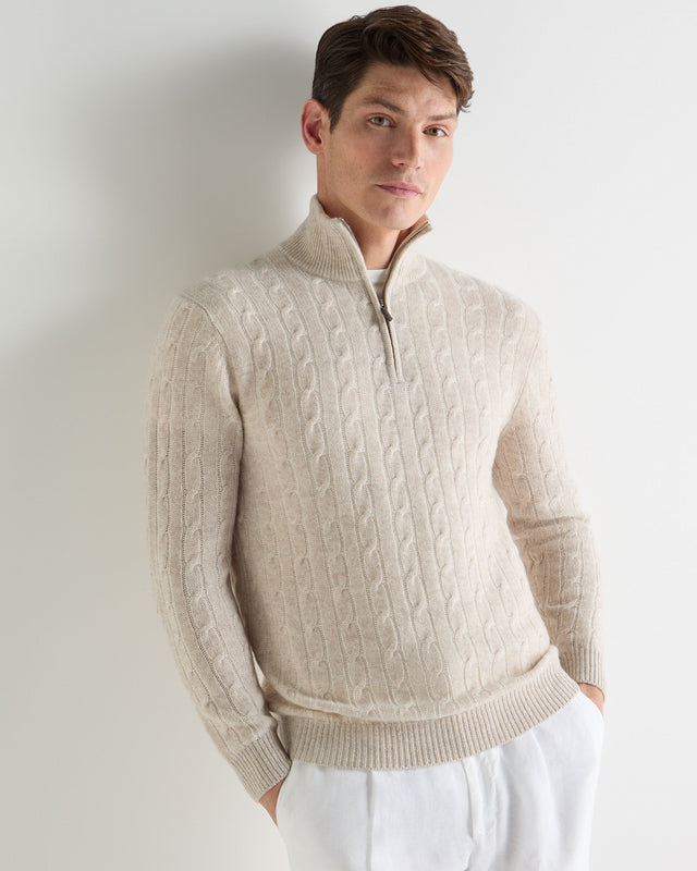 Men's Albemarle Cable Half Zip Cashmere Jumper Sand Brown