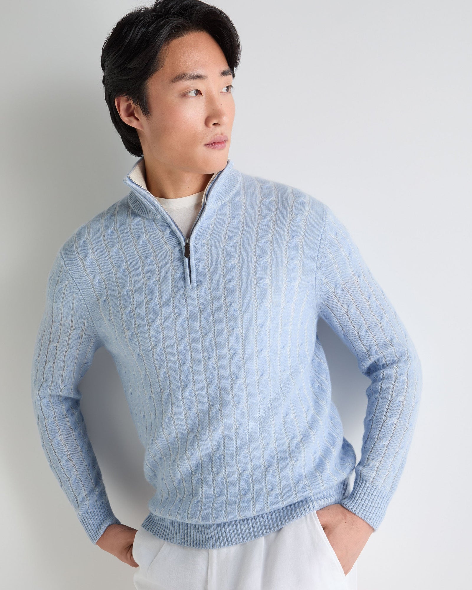 Men's Albemarle Cable Half Zip Cashmere Jumper Sea Mist Blue