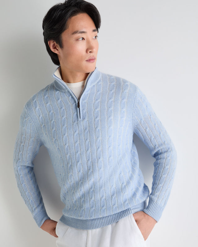 Men's Albemarle Cable Half Zip Cashmere Jumper Sea Mist Blue