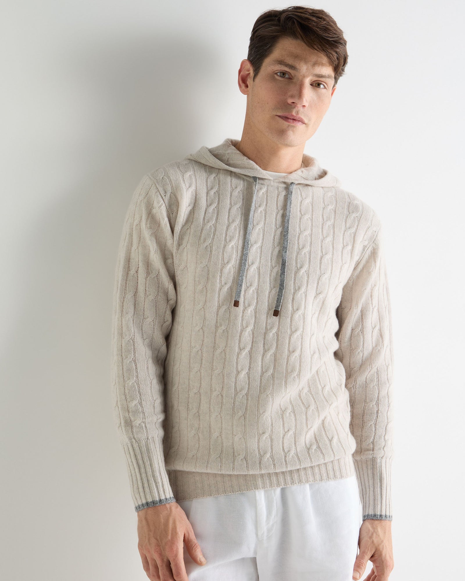 Men's Fitzrovia Cable Cashmere Hoodie Pebble Grey