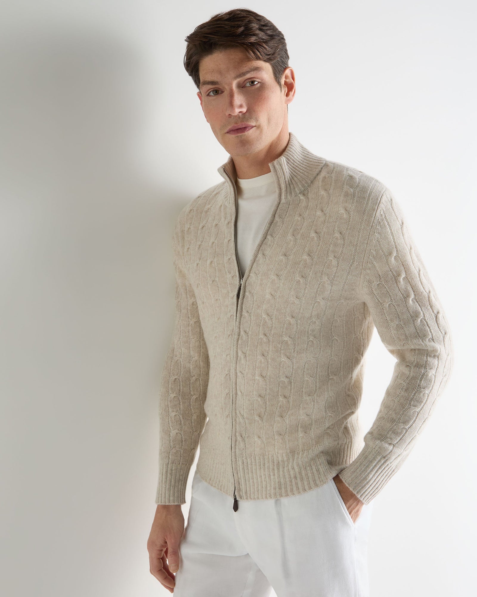 Men's Contrast Cable Full Zip Cashmere Jumper Sand Brown