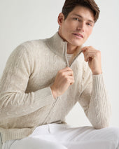 Men's Contrast Cable Full Zip Cashmere Jumper Sand Brown