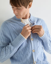 Men's Jermyn Cable Full Button Cashmere Cardigan Sea Mist Blue