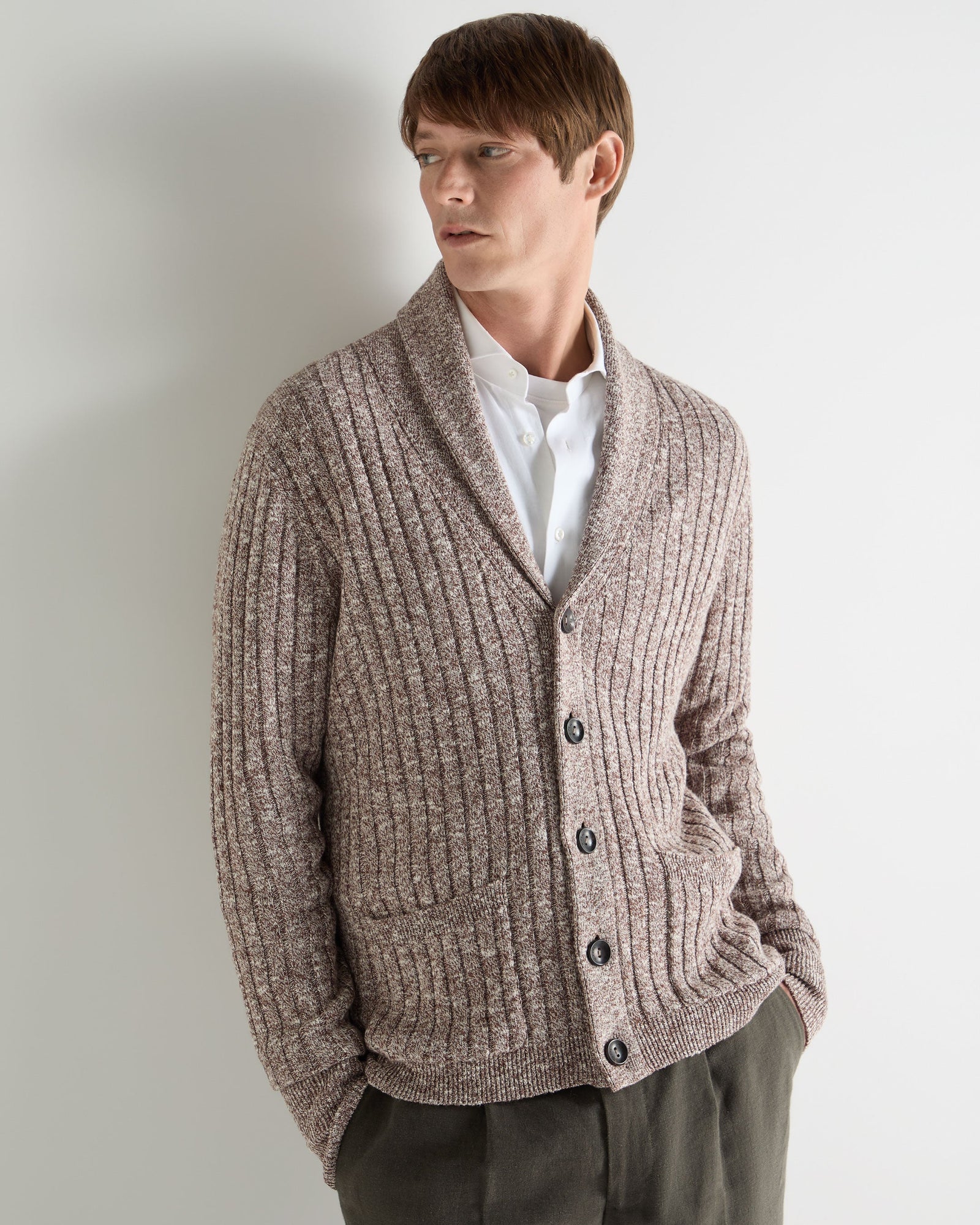 Men's Marl Shawl Cotton Blend Cardigan Brown Marl