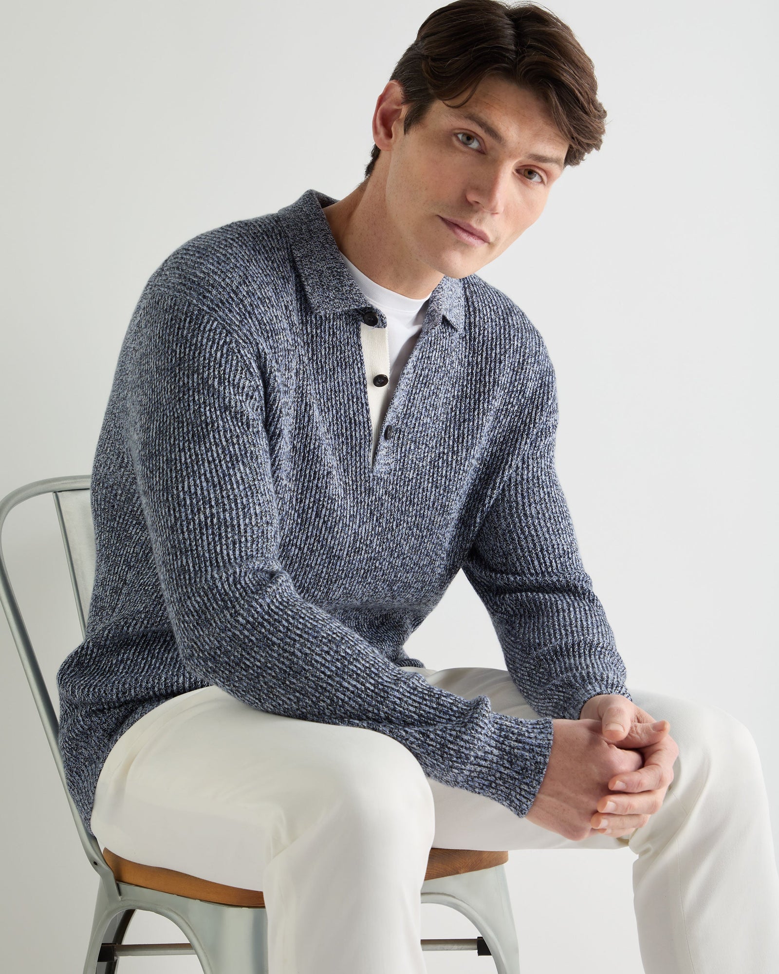 Men's Rib Polo Cotton Blend Jumper Blue Marl