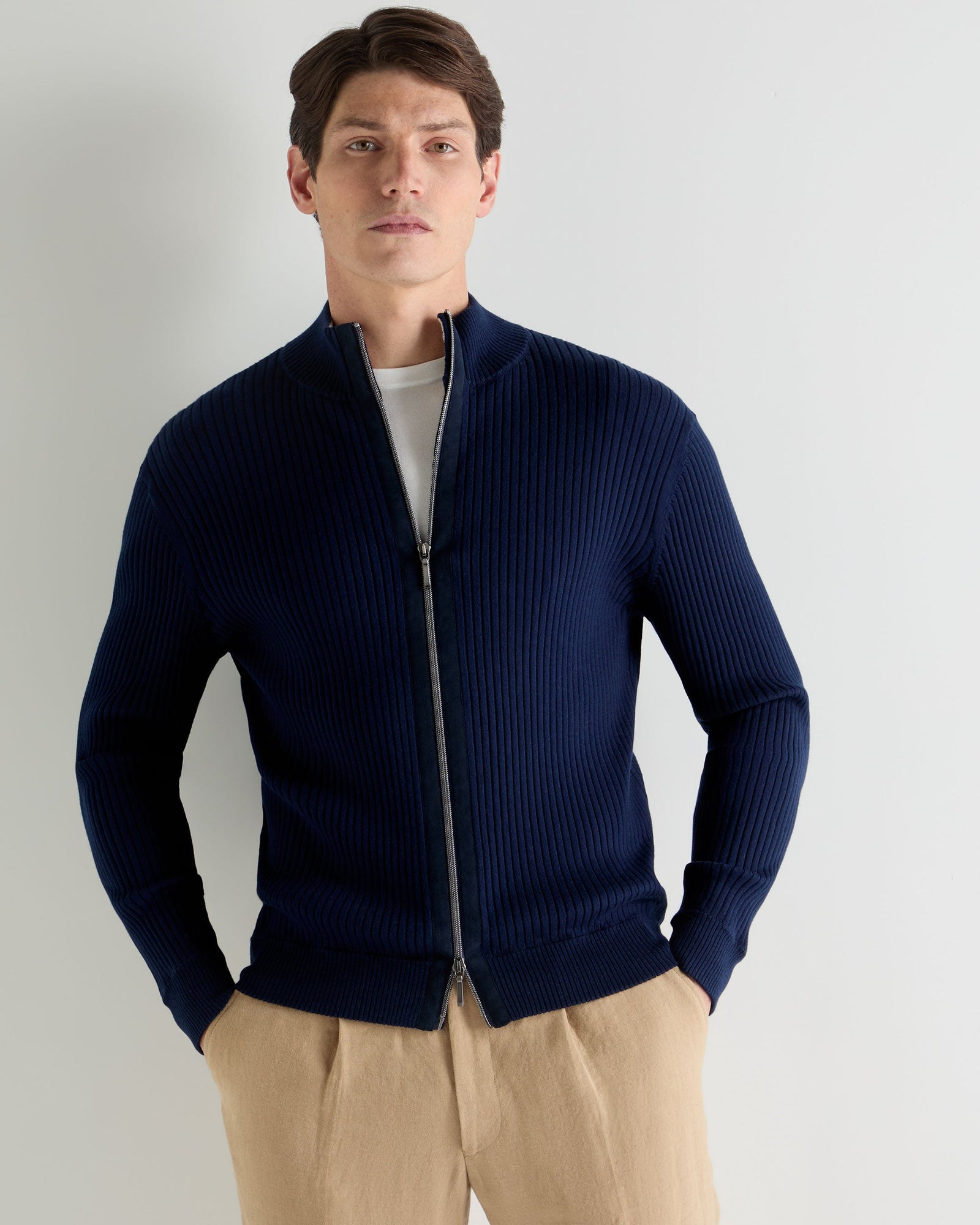 Men's Wide Rib Zip Through Cotton Blend Jumper Deep French Blue