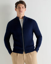 Men's Wide Rib Zip Through Cotton Blend Jumper Deep French Blue