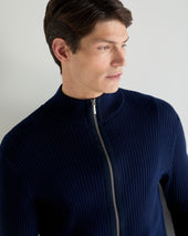 Men's Wide Rib Zip Through Cotton Blend Jumper Deep French Blue