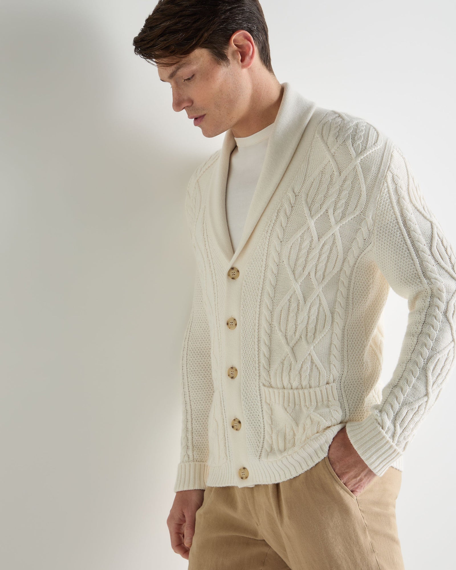 Men's Cable Shawl Cotton Blend Cardigan New Ivory White