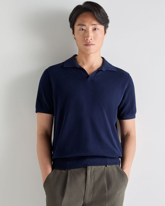 Men's Pique Linen Blend Polo Deep French Blue