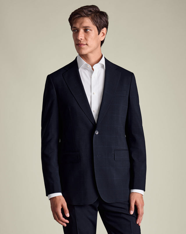 Windowpane Check Suit Jacket - Navy