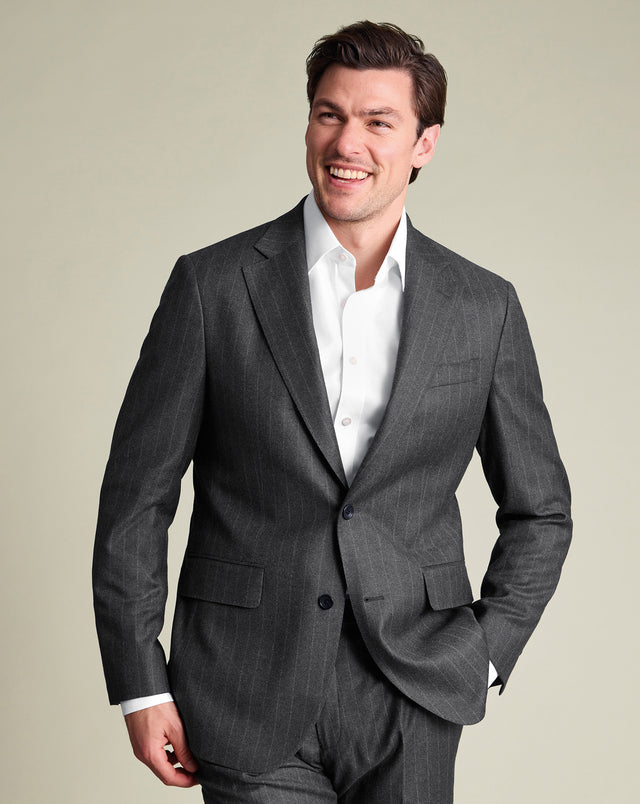 Italian Flannel Stripe Suit Jacket - Charcoal Grey