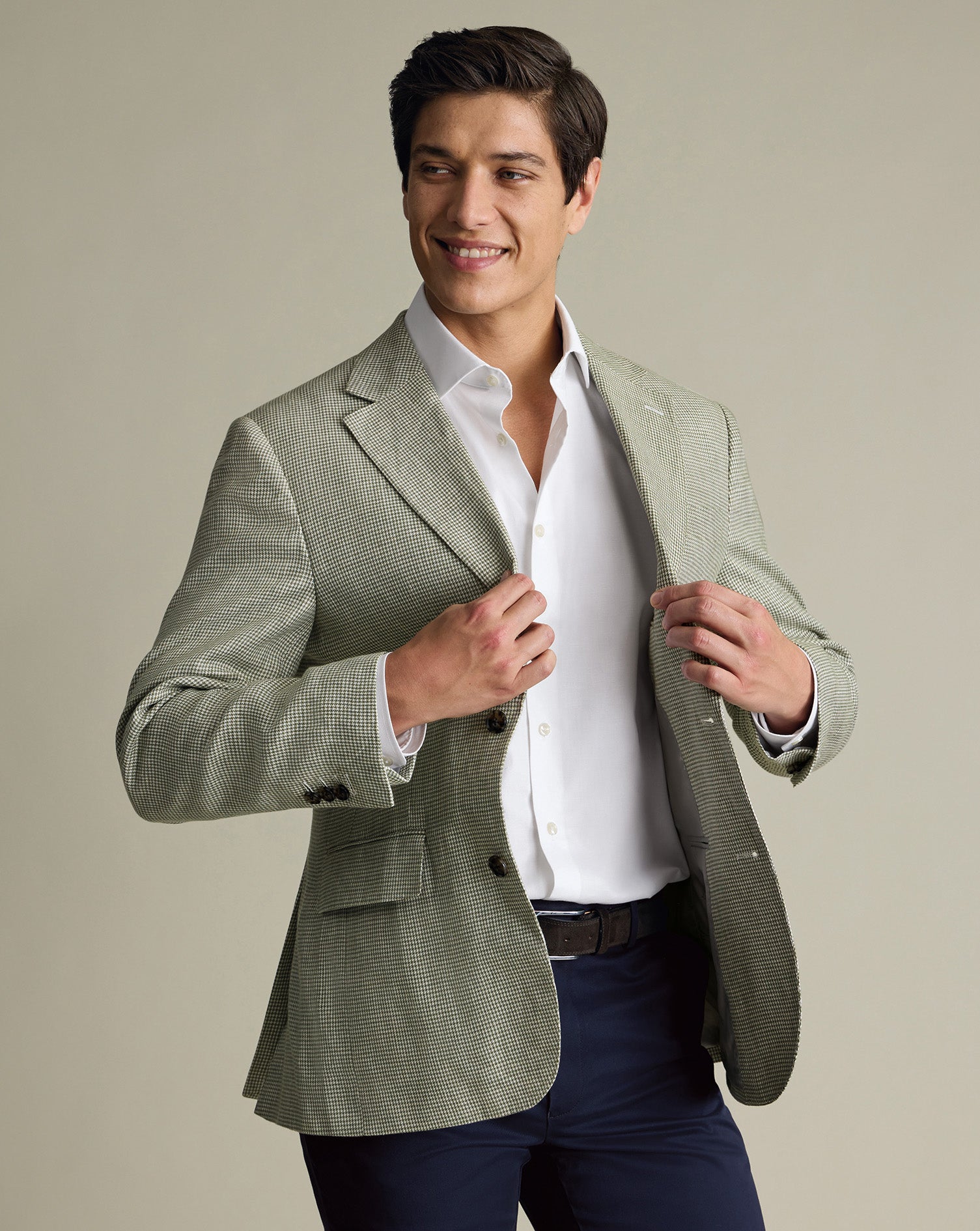 Pure Linen Puppytooth Jacket Green