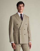 Double Breasted Ultimate Performance Herringbone Suit Jacket - Stone