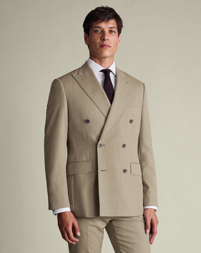 Double Breasted Ultimate Performance Herringbone Suit Jacket - Stone