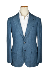 Blue Herringbone Linen Unstructured Jacket