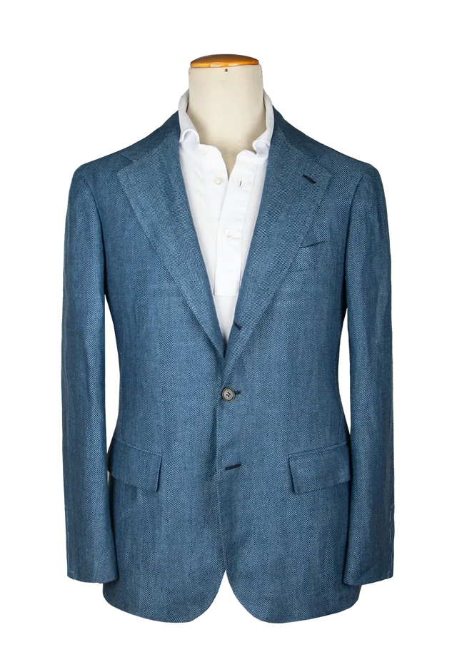 Blue Herringbone Linen Unstructured Jacket