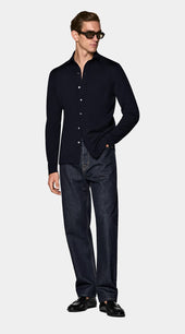 Navy Merino Long Sleeve Polo Cardigan