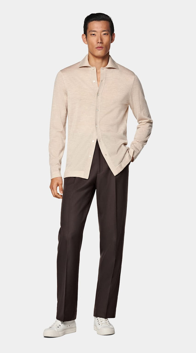 Sand Merino Long Sleeve Polo Cardigan