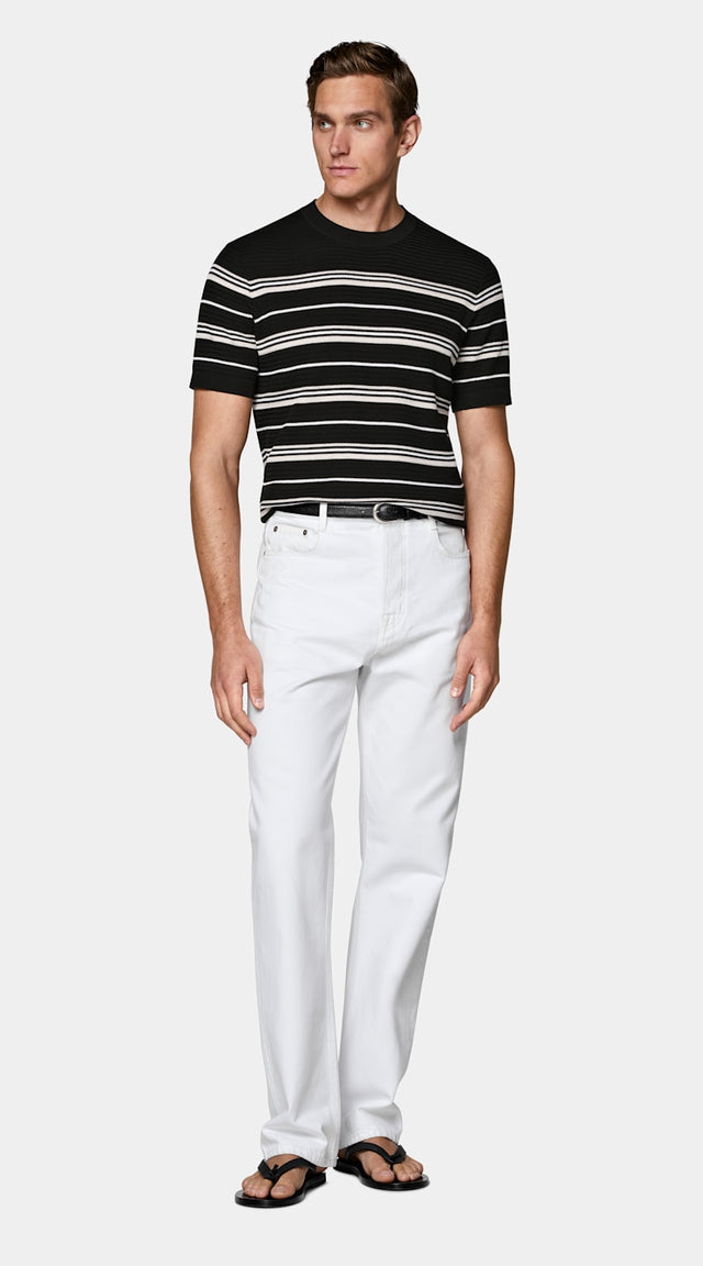 Black Striped Jacquard Short Sleeve Crewneck