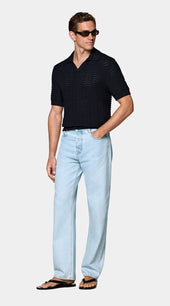 Navy Crochet Buttonless Polo