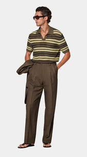 Mid Green Striped Crochet Buttonless Polo
