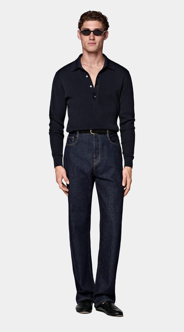 Navy Ribbed Long Sleeve Polo