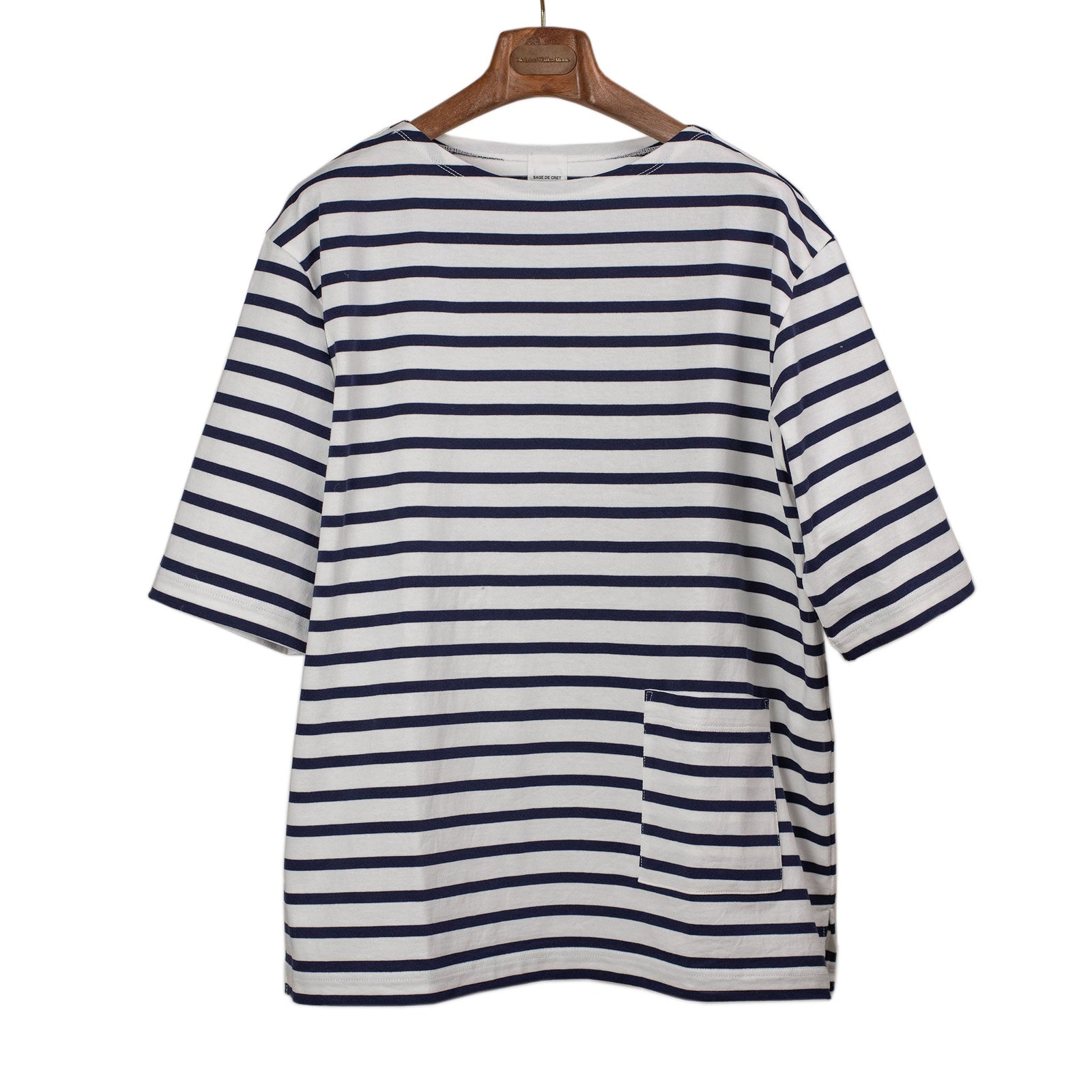 Boat Neck Border Stripe Tee In And Navy Heavyweight Cotton