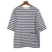 Boat neck border stripe tee in white and navy heavyweight cotton