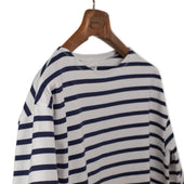 Boat Neck Border Stripe Tee In And Navy Heavyweight Cotton
